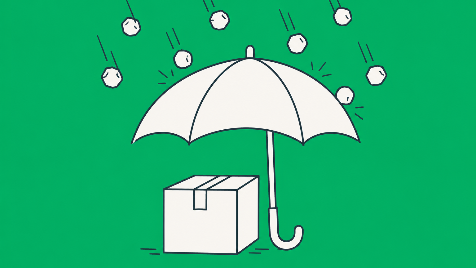 Flat illustration of an umbrella protecting a package from falling hailstones to represent an indemnitor assuming risk for another party.