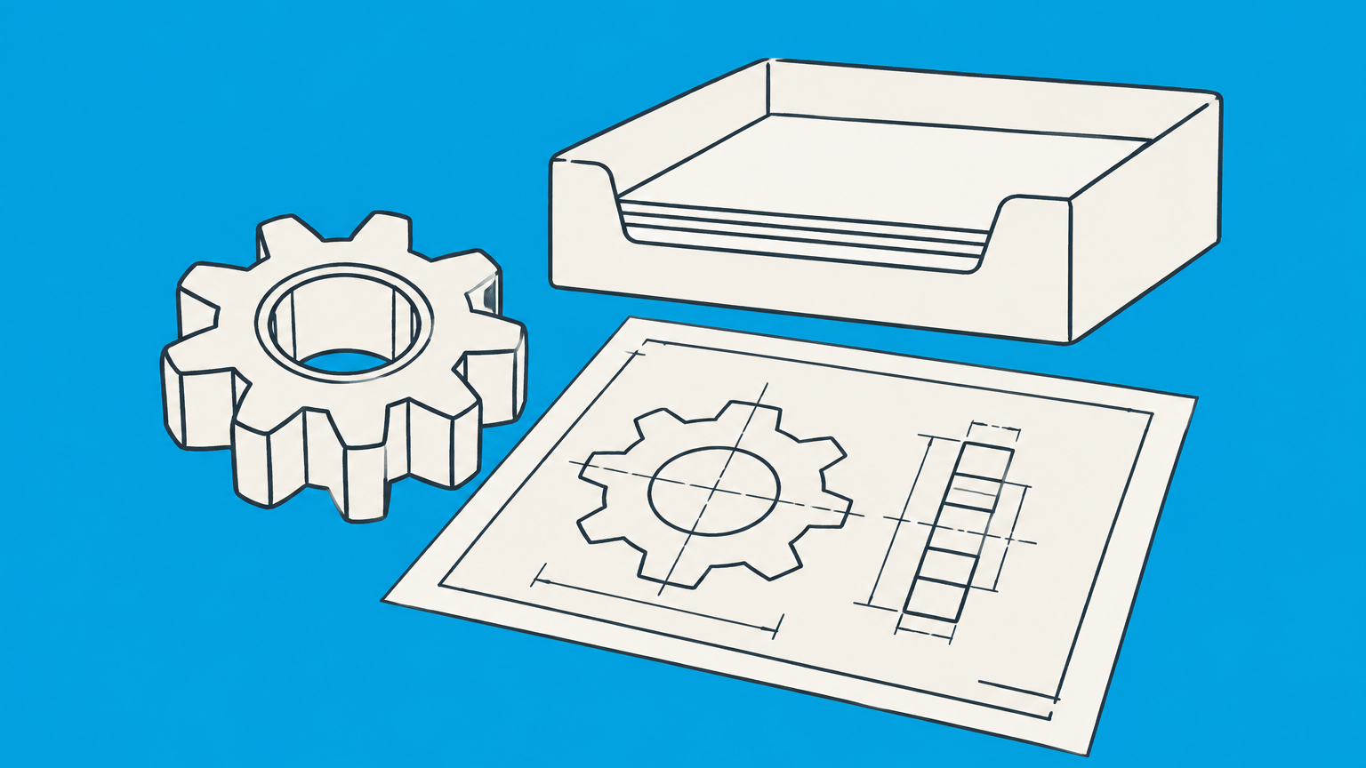Flat illustration of a prototype gear and technical drawings passing through a magnifying glass into a filing tray, representing the patent application process.
