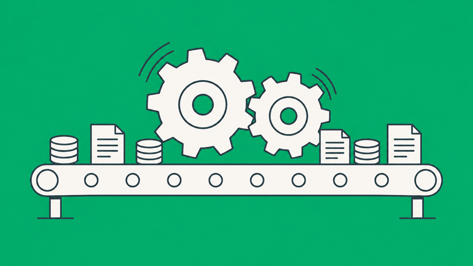 Flat illustration of two interlocking gears operating a shared conveyor to represent a business partnership.
