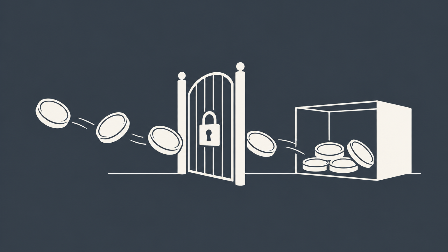 Flat illustration of pooled coins entering a locked, diversified portfolio to represent a private investment company.