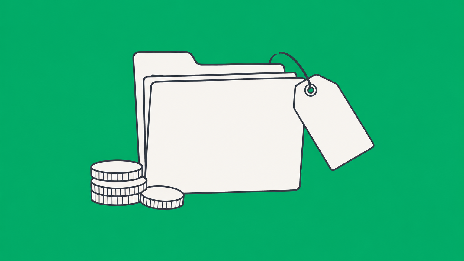 Flat illustration of an empty price tag on a filing folder beside coins representing free LLC offers and separate filing costs.