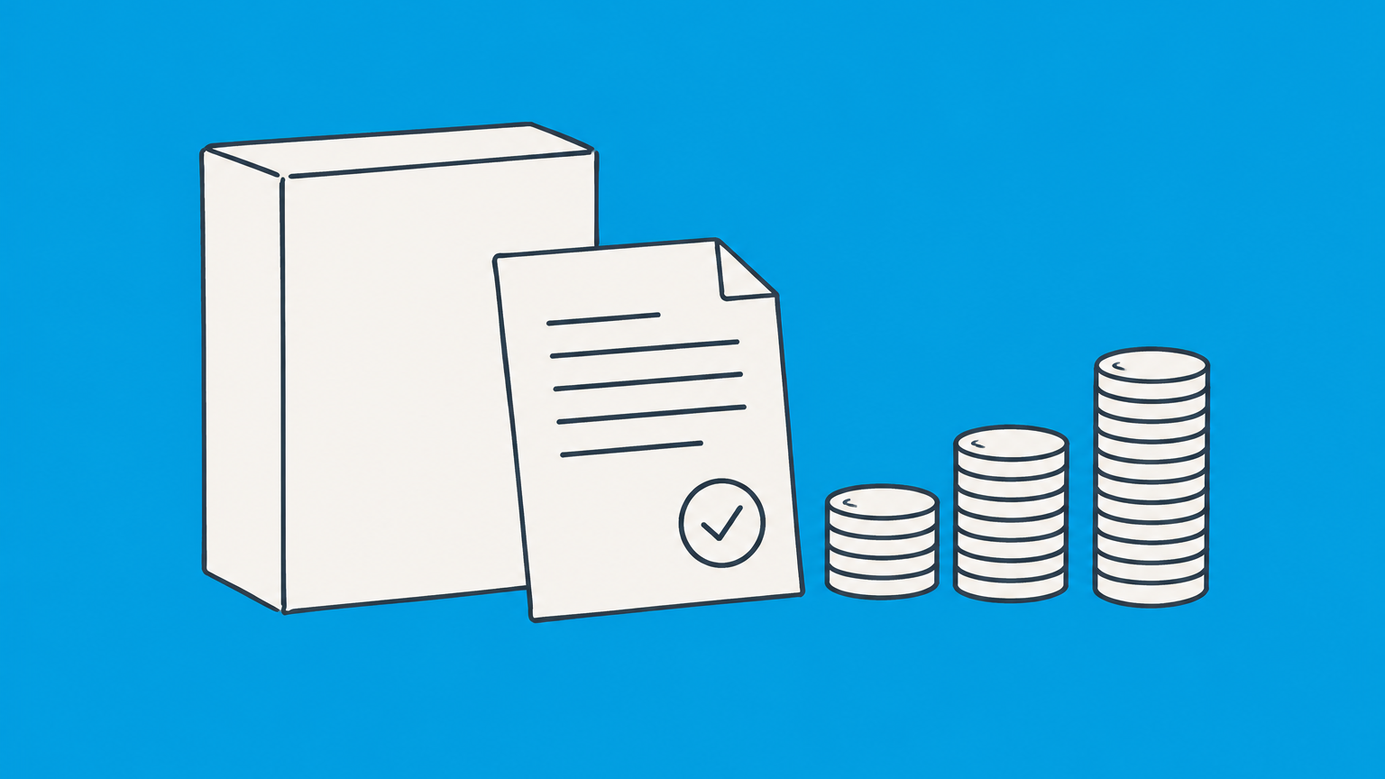 Flat illustration of a product shell, design drawing, and coin stacks representing design patent cost.