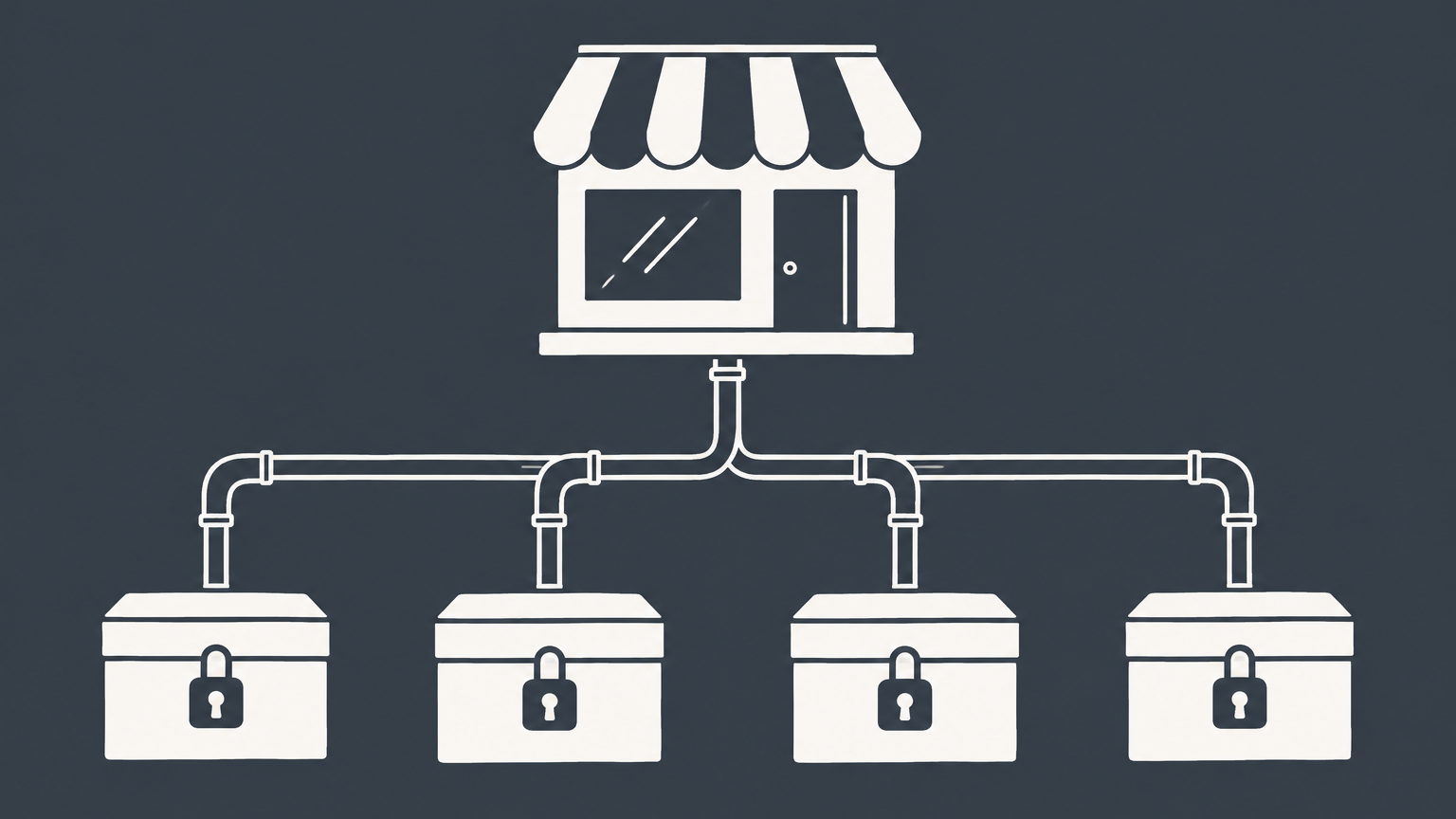 Flat illustration of one storefront connected to several locked cash boxes, representing multiple business bank accounts.