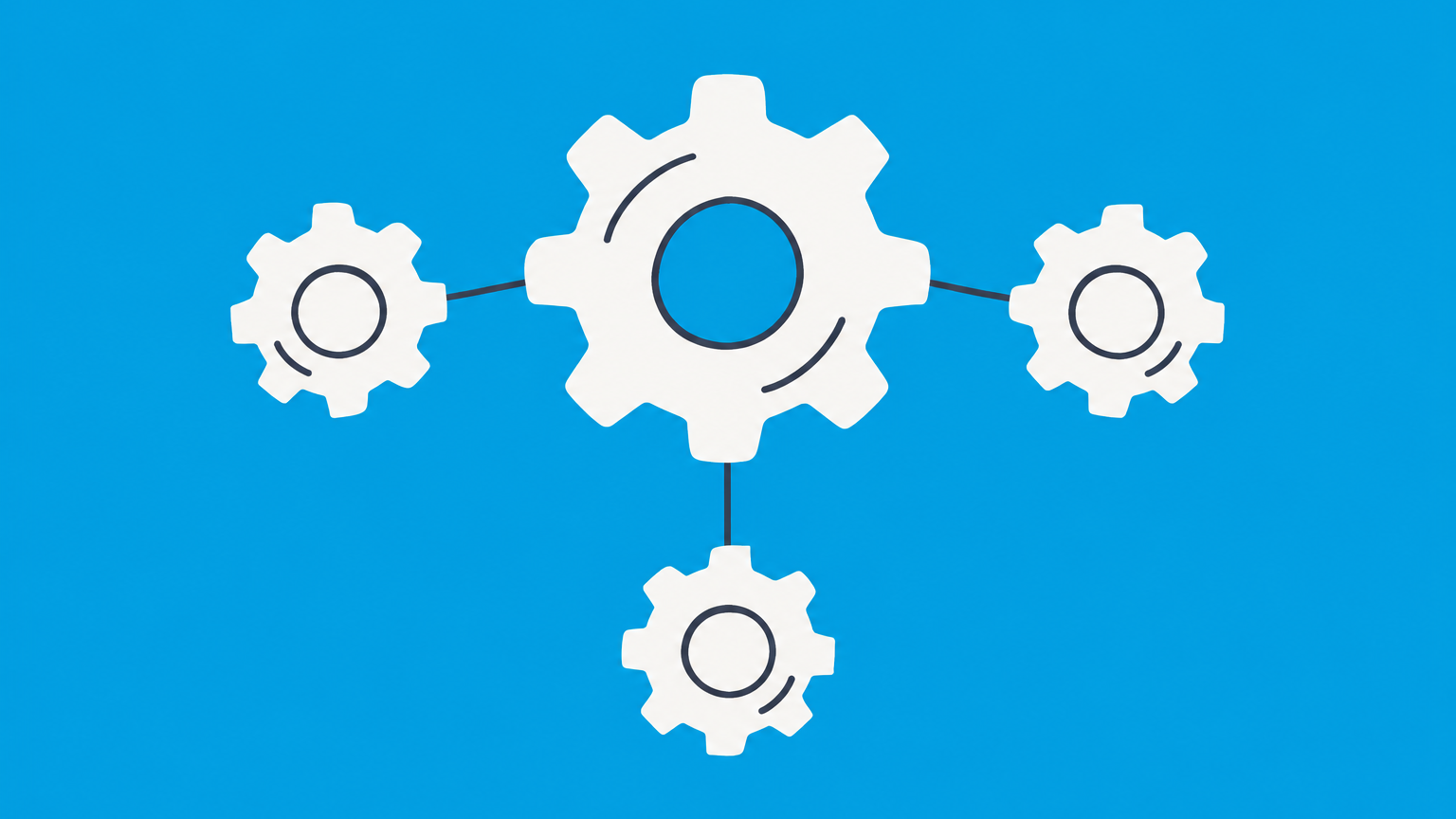 Flat illustration of a central gear connecting hiring, development, benefits, and performance objects to represent human resource management.