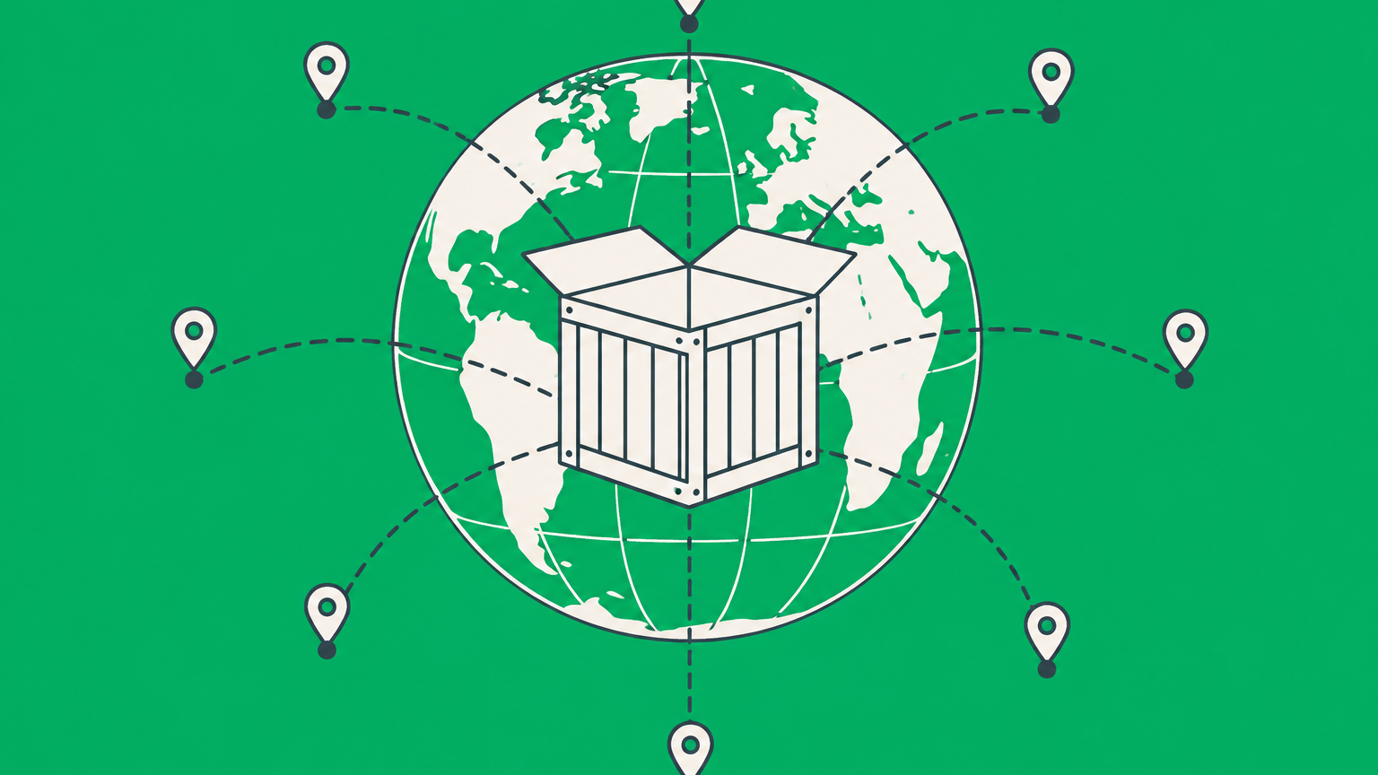 Flat illustration of an open shipping crate connected to a factory, cargo ship, and regional warehouses around a globe to represent global sourcing.