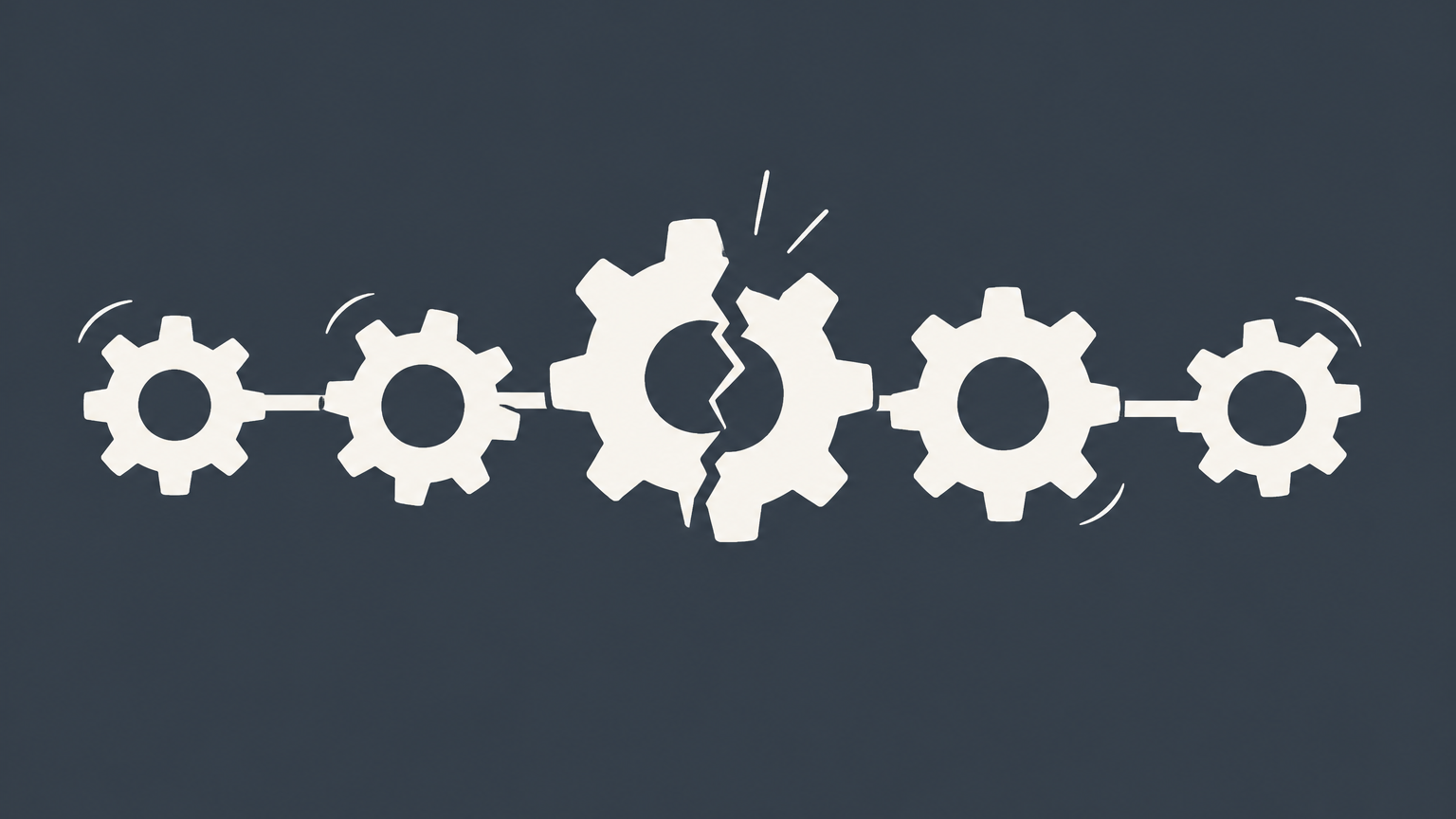 Flat illustration of a cracked gear causing downstream machines to stop and coins to spill, representing consequential damages.
