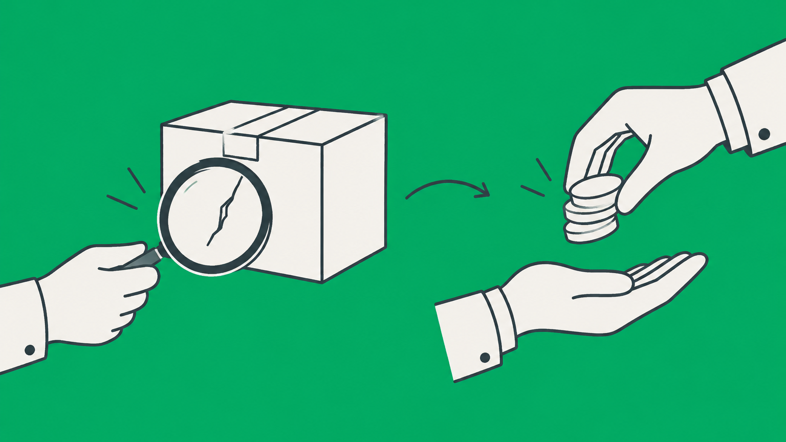 Flat illustration of a magnifying glass inspecting a cracked package before payment to represent caveat emptor and buyer beware.