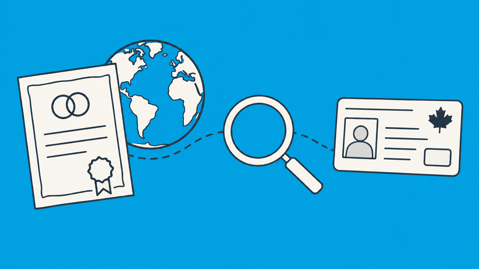 Flat illustration of a magnifying glass connecting a foreign marriage certificate and globe to a permanent resident card, representing USCIS checks of marriage records in other countries.