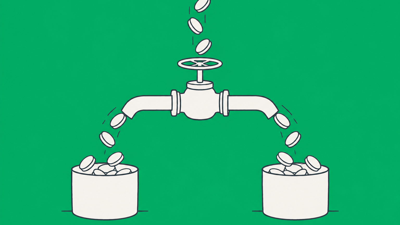 Flat illustration of a coin stream divided by an adjustable valve into several containers, representing revenue sharing and revenue share agreements.