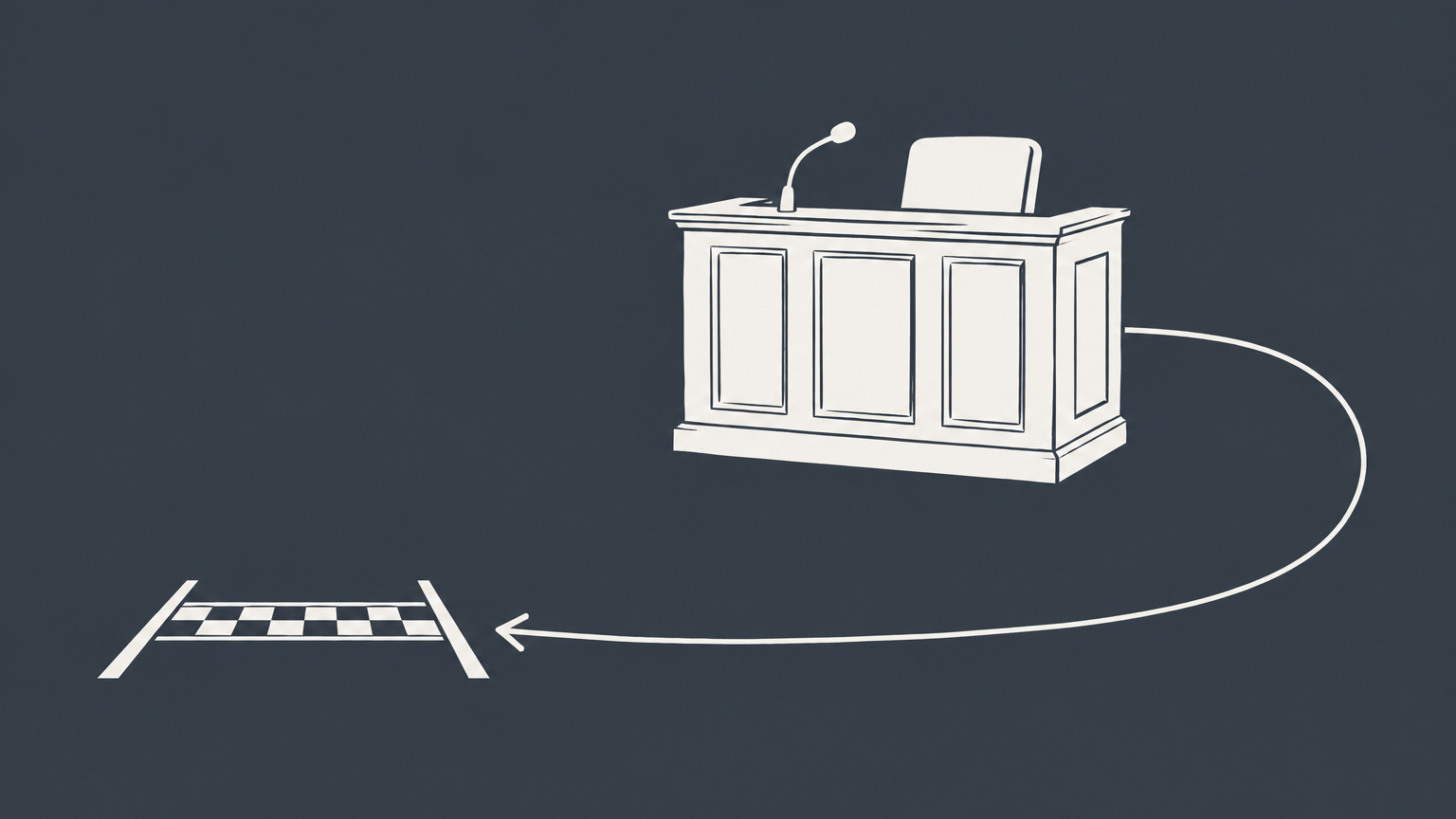 Flat illustration of an empty witness stand and case files connected by a looping trial path to represent a retrial.