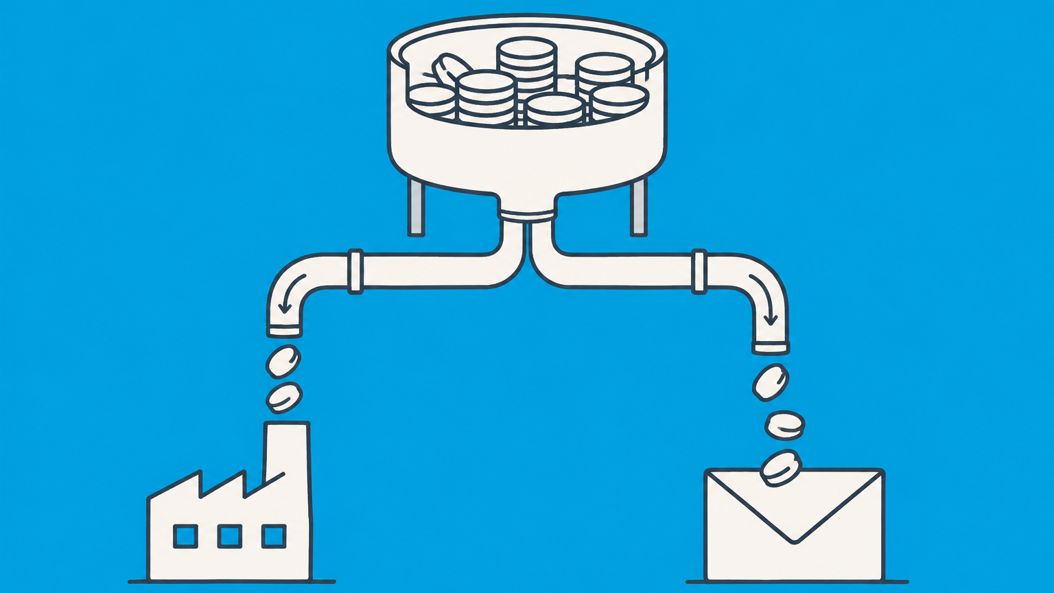 Flat illustration of a coin reservoir funding business needs and distributions to represent C corporation retained earnings and accumulated earnings tax.