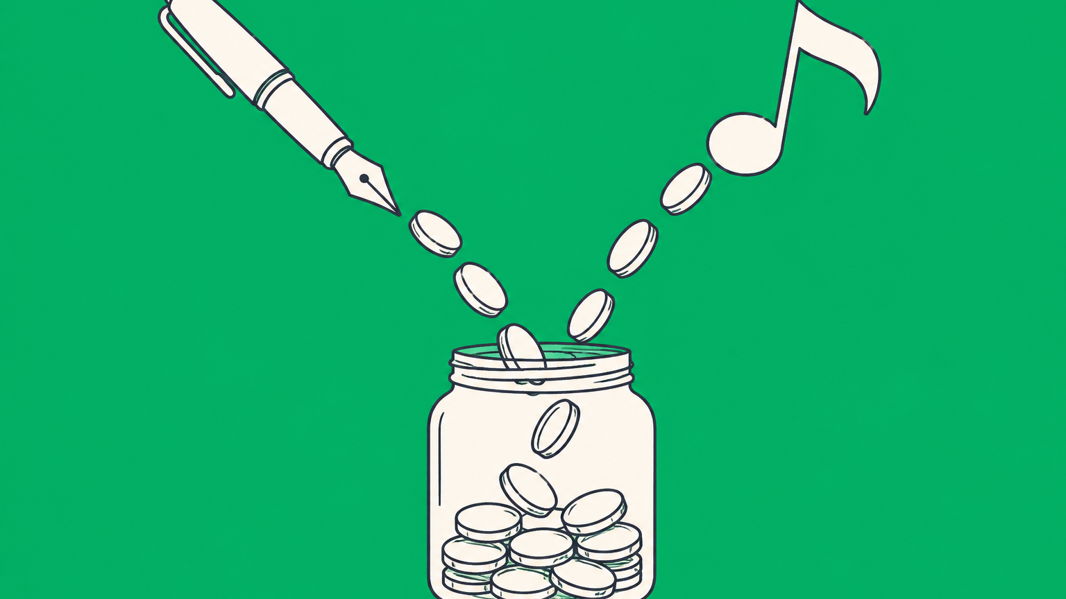 Flat illustration of creative works and a mineral resource sending coins into one jar to represent royalty income.
