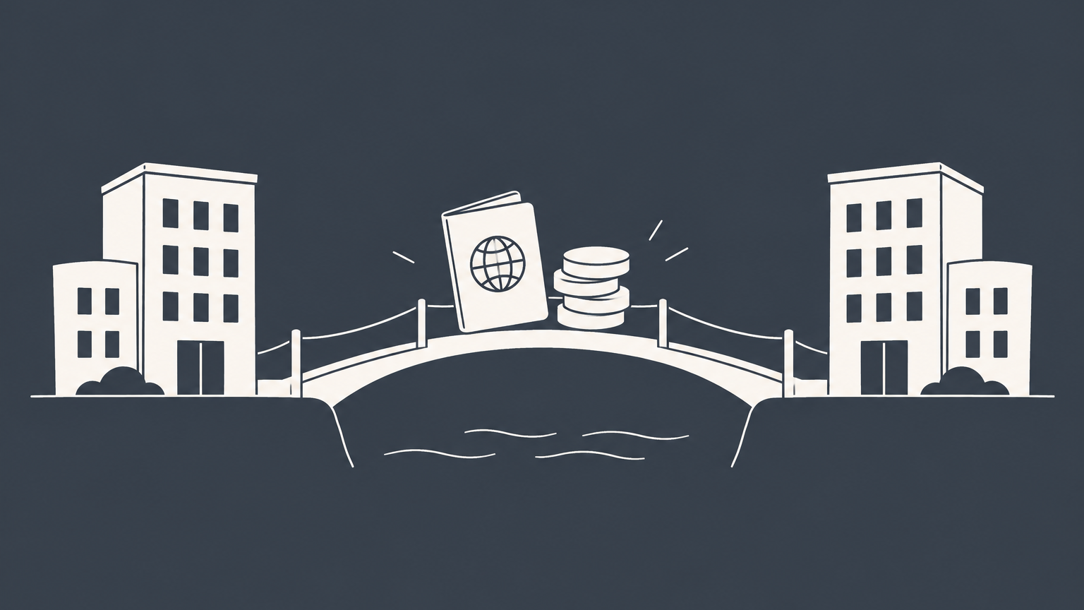 Flat illustration of a passport and fee tokens moving between two workplaces to represent the H1B transfer fee and process.