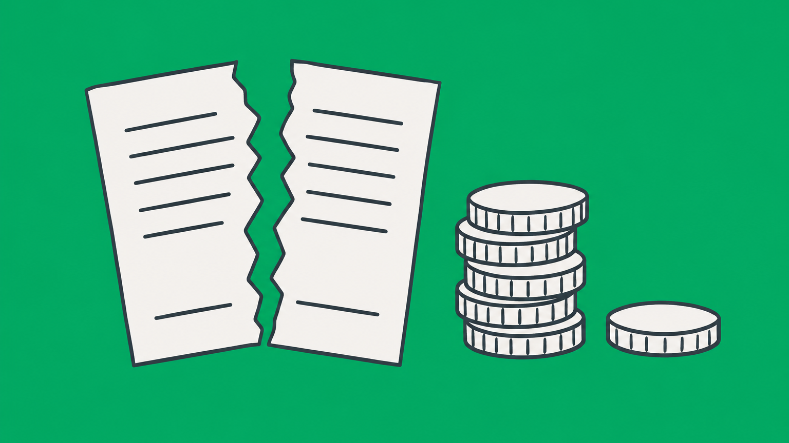 Flat illustration of a torn contract, stacked coins, and a warning beacon representing punitive damages for breach of contract.