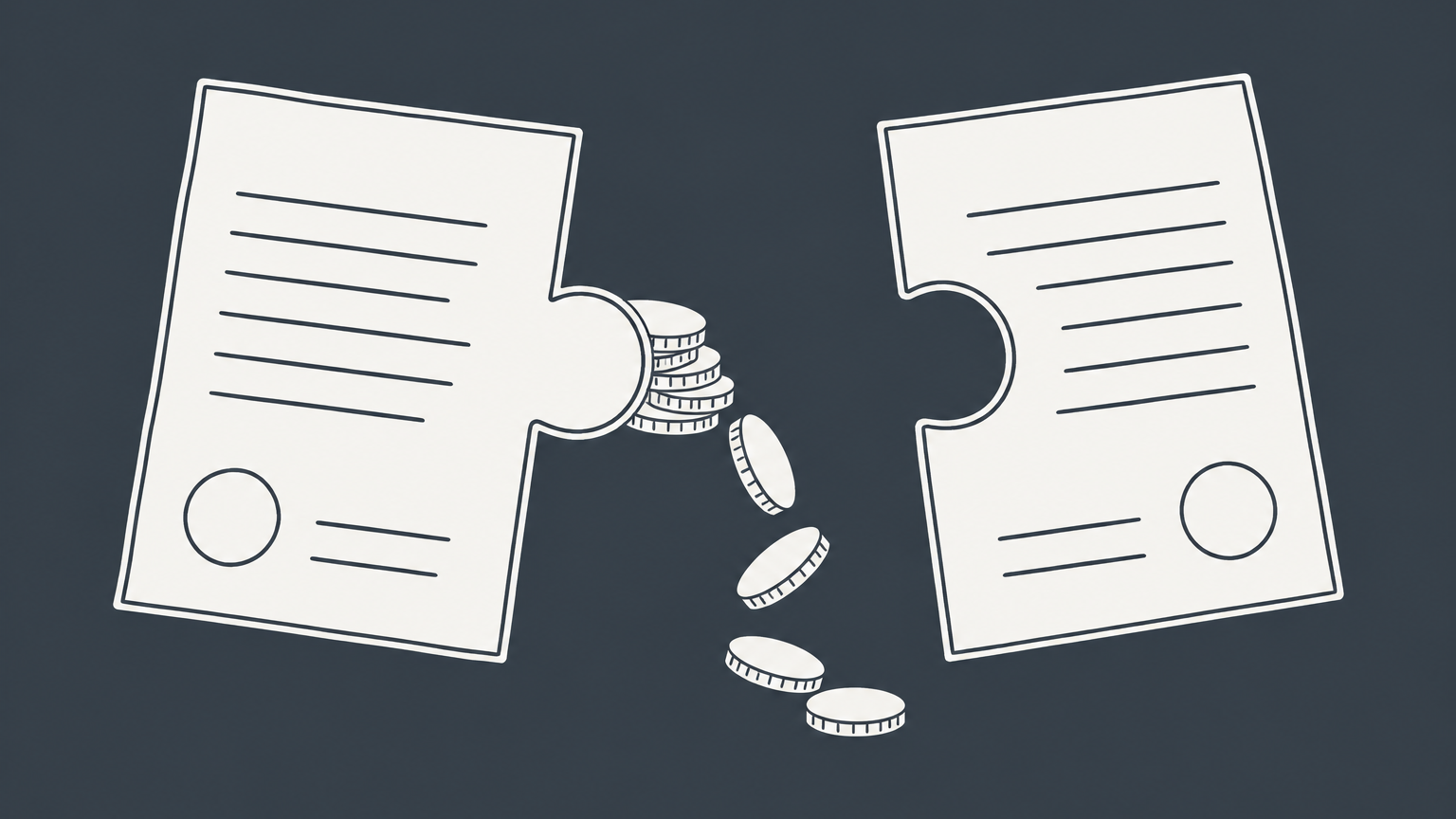 Flat illustration of separated contract puzzle pieces and spilled coins representing the penalty for breach of contract.