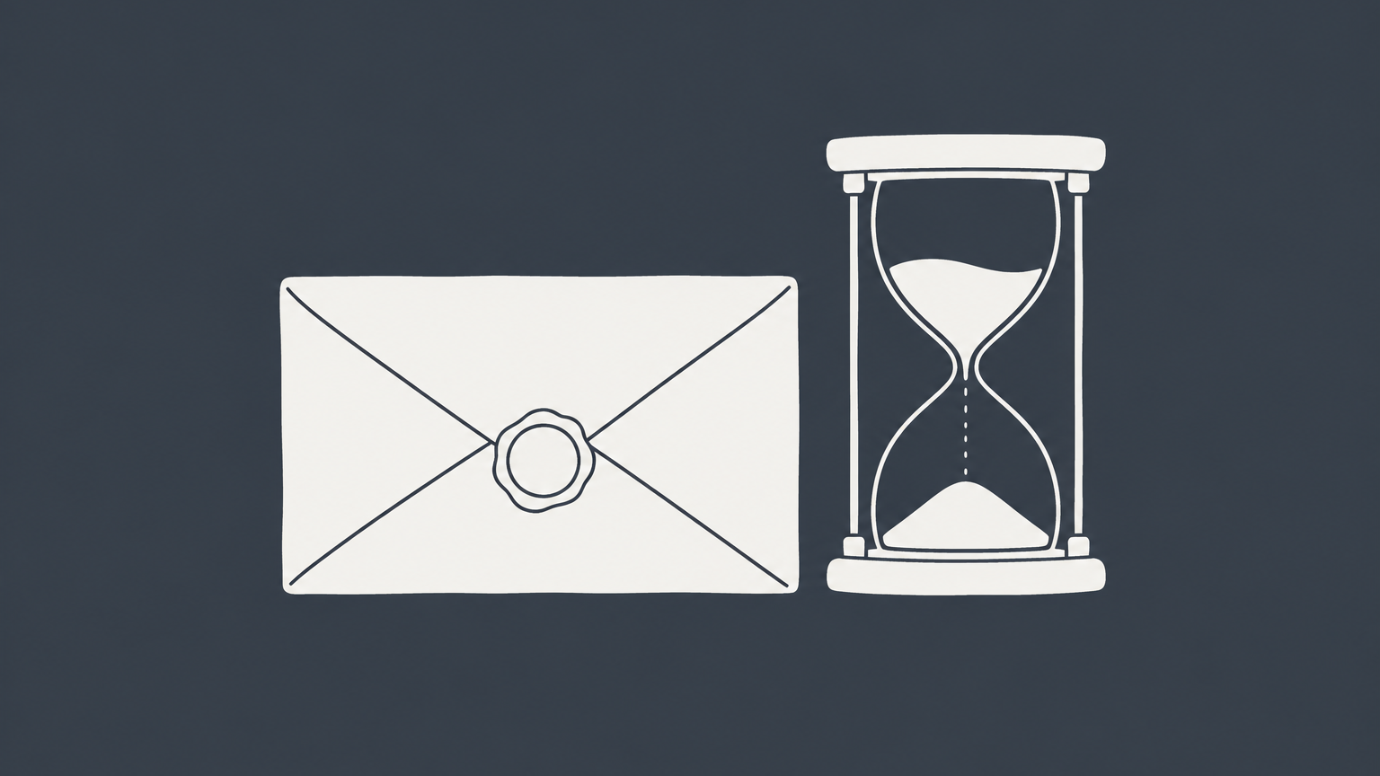 Flat illustration of a sealed envelope, an hourglass, and a looping ribbon representing NDA duration and expiration.