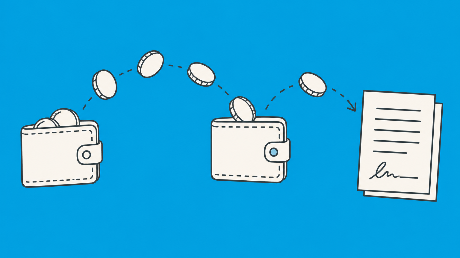 Flat illustration of two wallets, coins, a calendar, and a locked document folder representing a loan agreement and repayment terms.