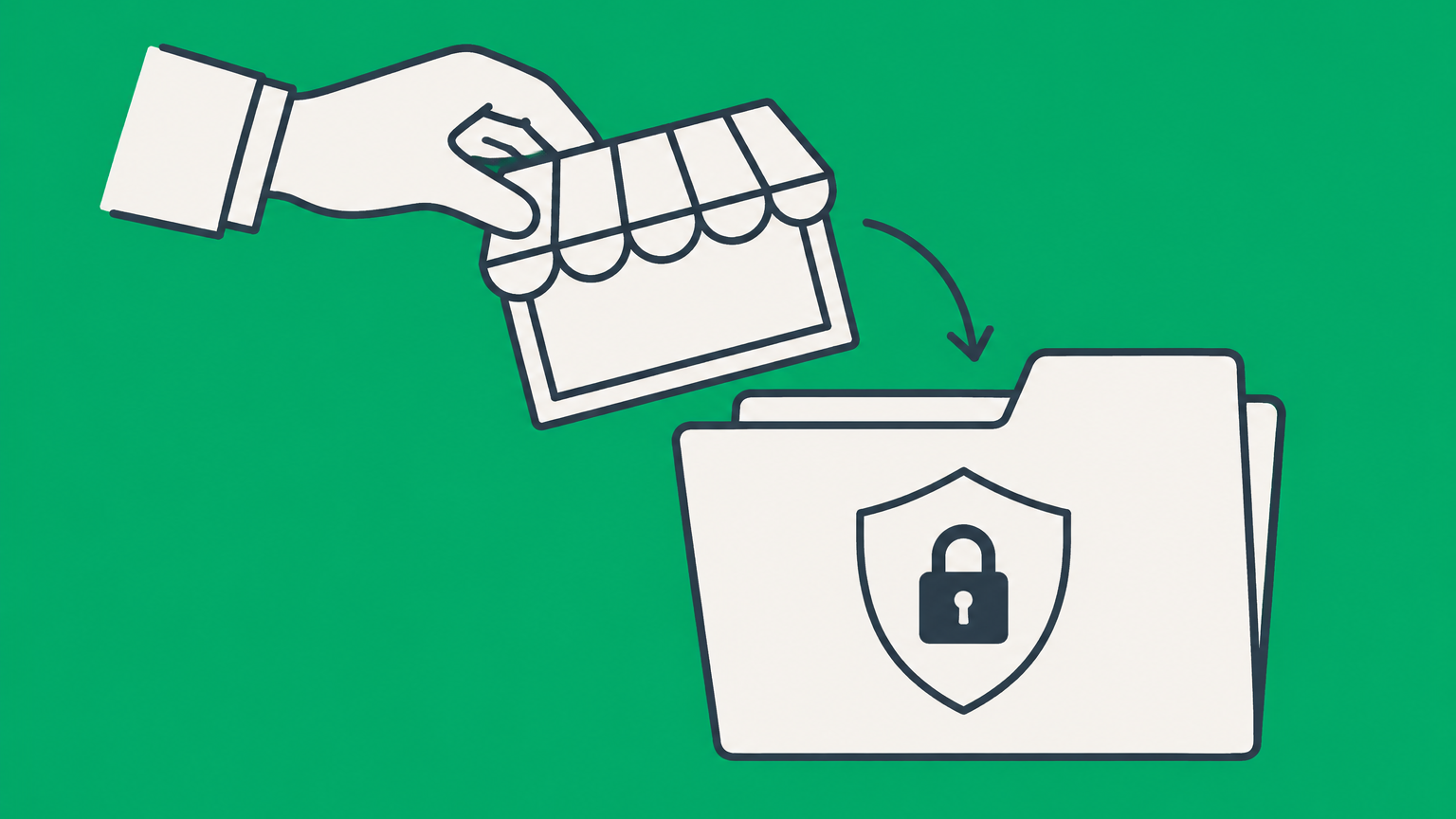 Flat illustration of a storefront nameplate moving into a protected business filing folder to represent converting a DBA to an LLC in Texas.