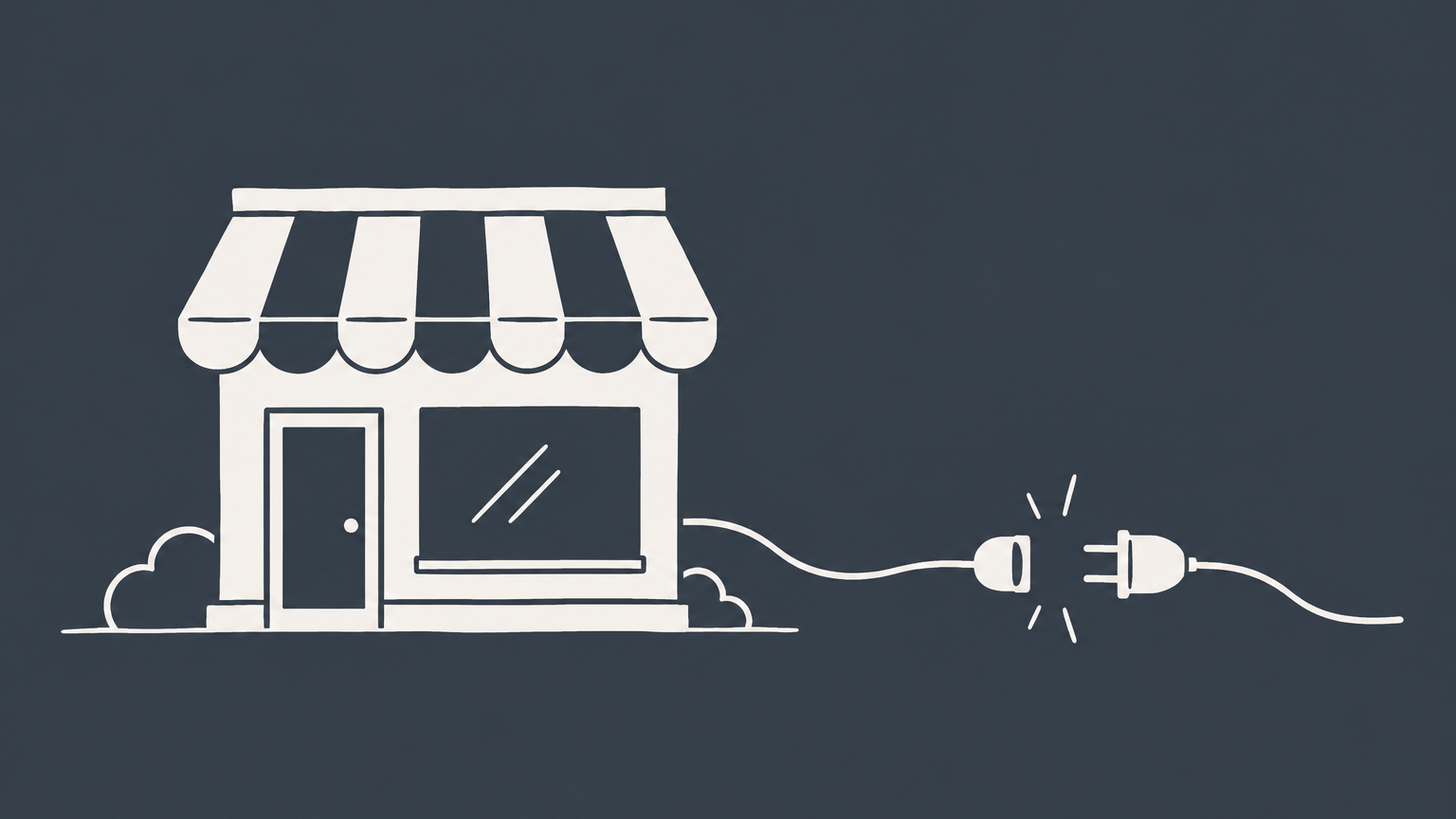 Flat illustration of a storefront being unplugged while its records, assets, and keys are sorted to represent dissolving an LLC in California.