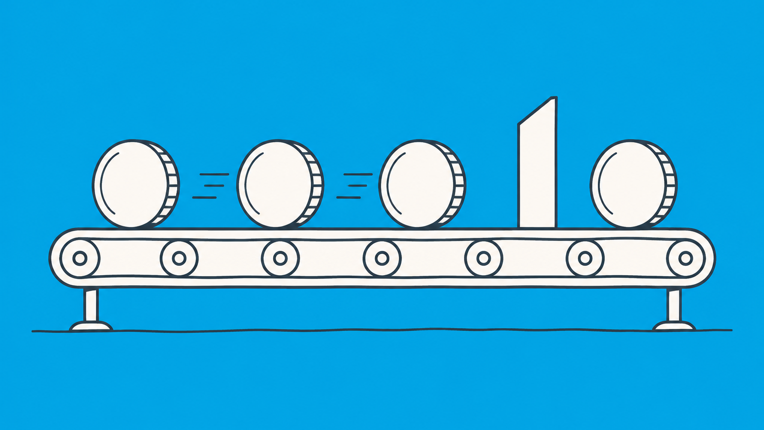 Flat illustration of a stalled coin behind a payment conveyor divider representing arrearages and overdue obligations.