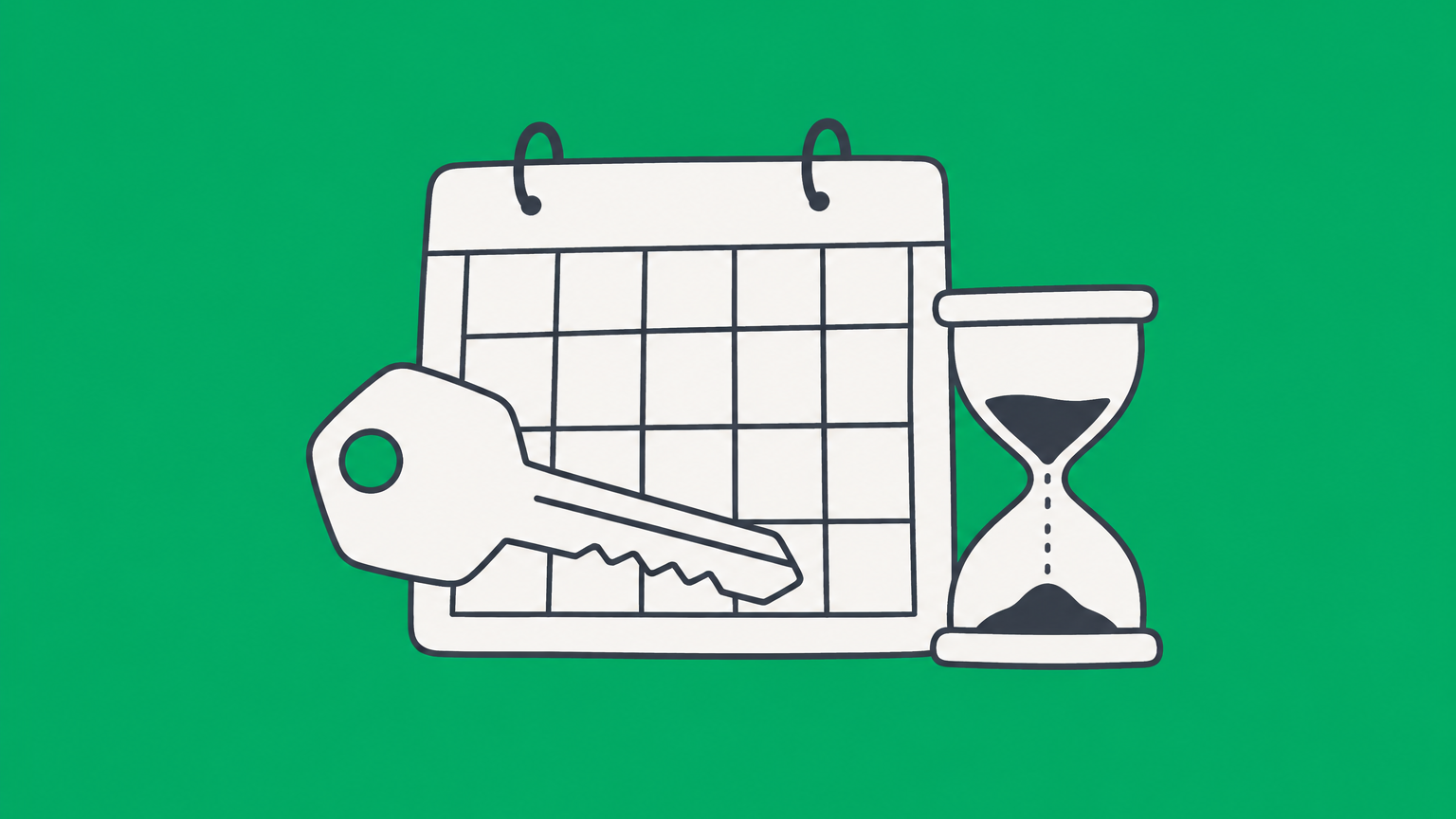 Flat illustration of a house key, calendar deadline, and hourglass representing the meaning of time is of the essence in real estate.