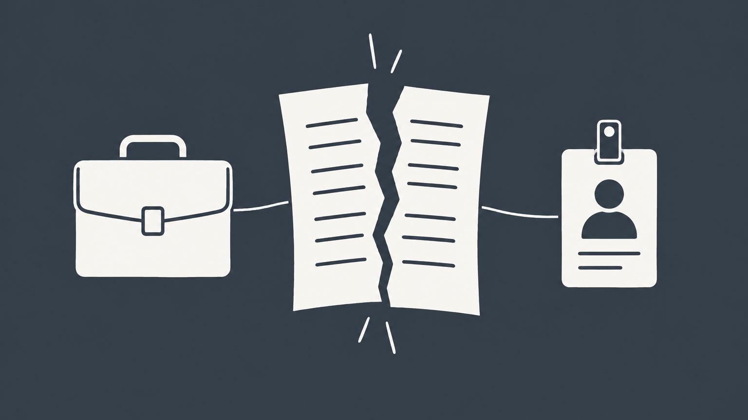 Flat illustration of a split contract connected by coins between a briefcase and employee badge, representing breach of an employment contract and damages.