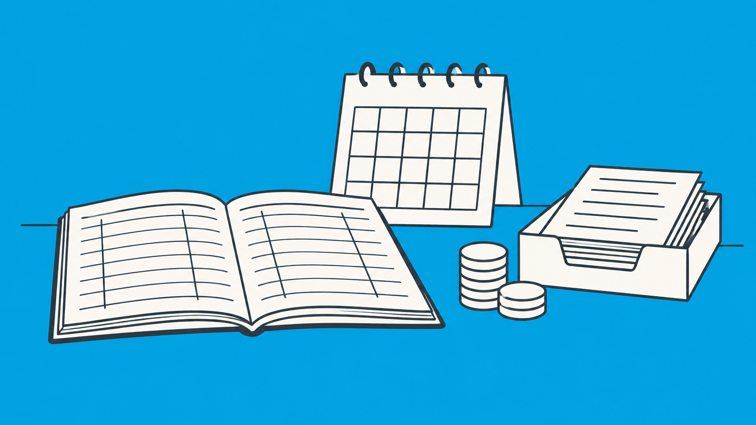 Flat illustration of an open ledger, calendar, and coins awaiting payment to represent accrued taxes.