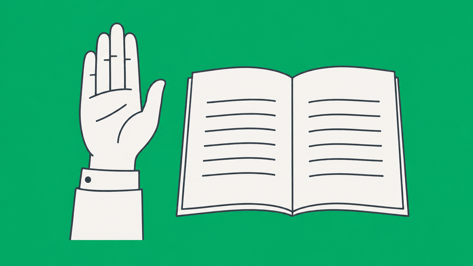 Flat illustration of an open document, raised hand, and two oath-taking paths representing the legal meaning of an oath and affirmation.