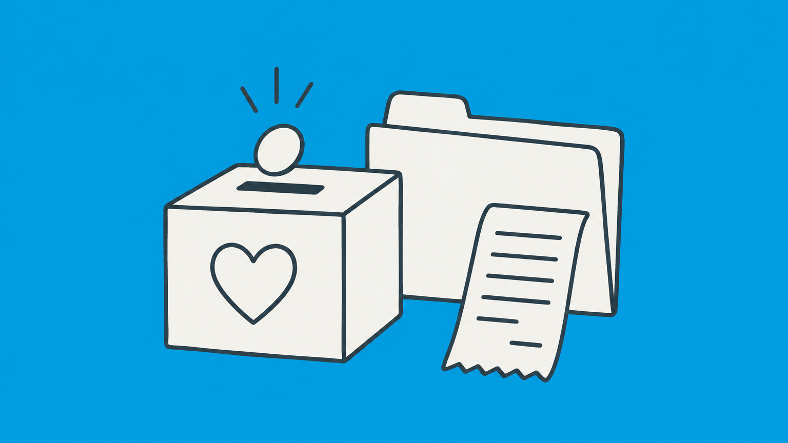 Flat illustration of a donation box, branching tax folders, a receipt, and a package representing the charitable donation tax deduction for business.