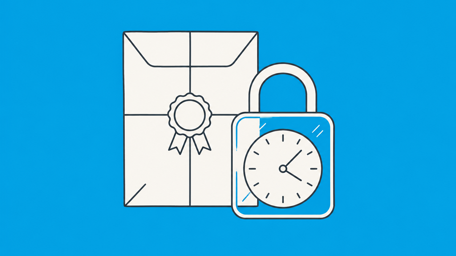 Flat illustration of a sealed purchase document, goods crate, and clock secured by a transparent lock to represent a UCC 2-205 firm offer.