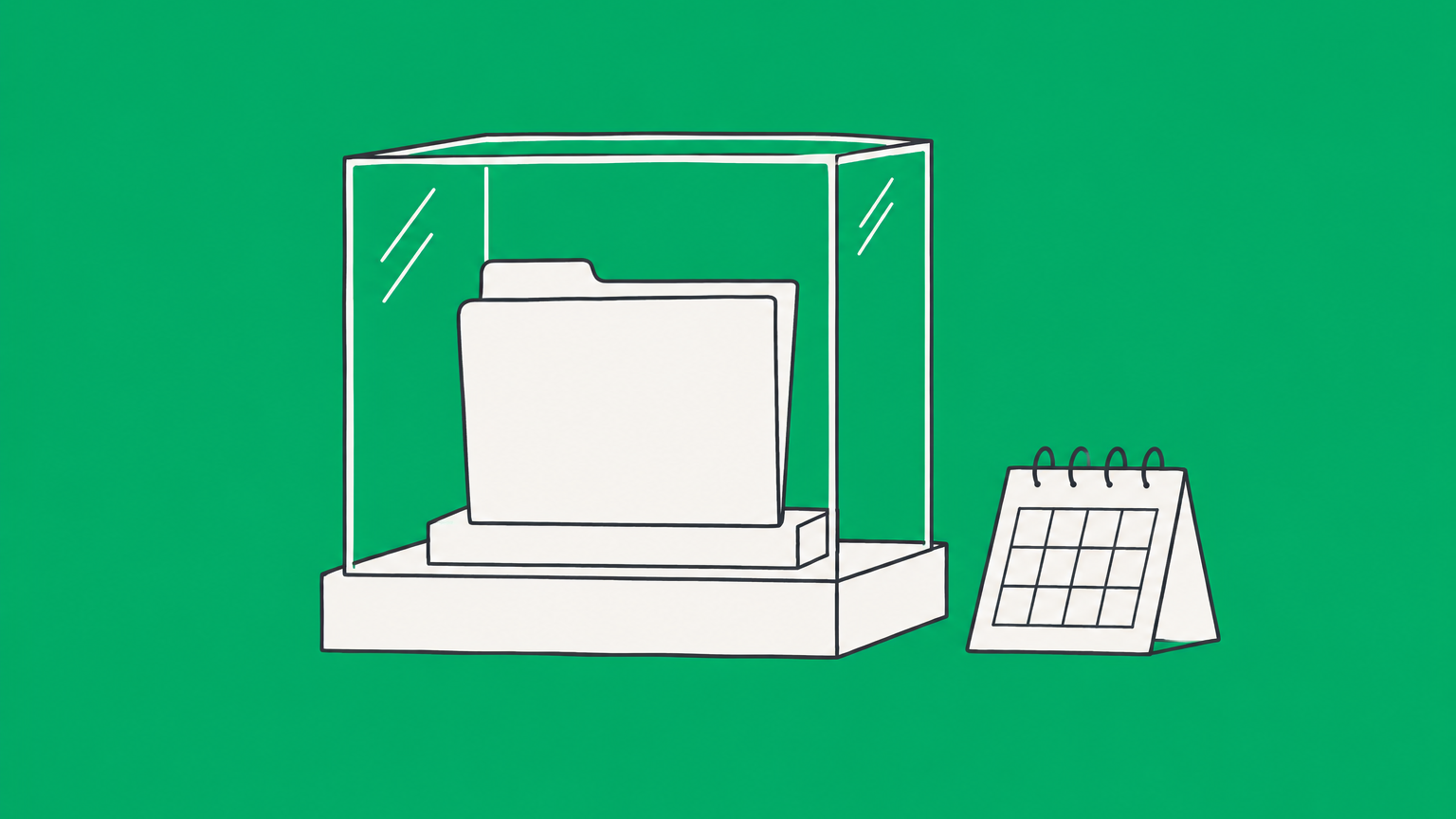 Flat illustration of a trademark application entering a public display case beside a countdown calendar and objection flag, representing the published for opposition stage.