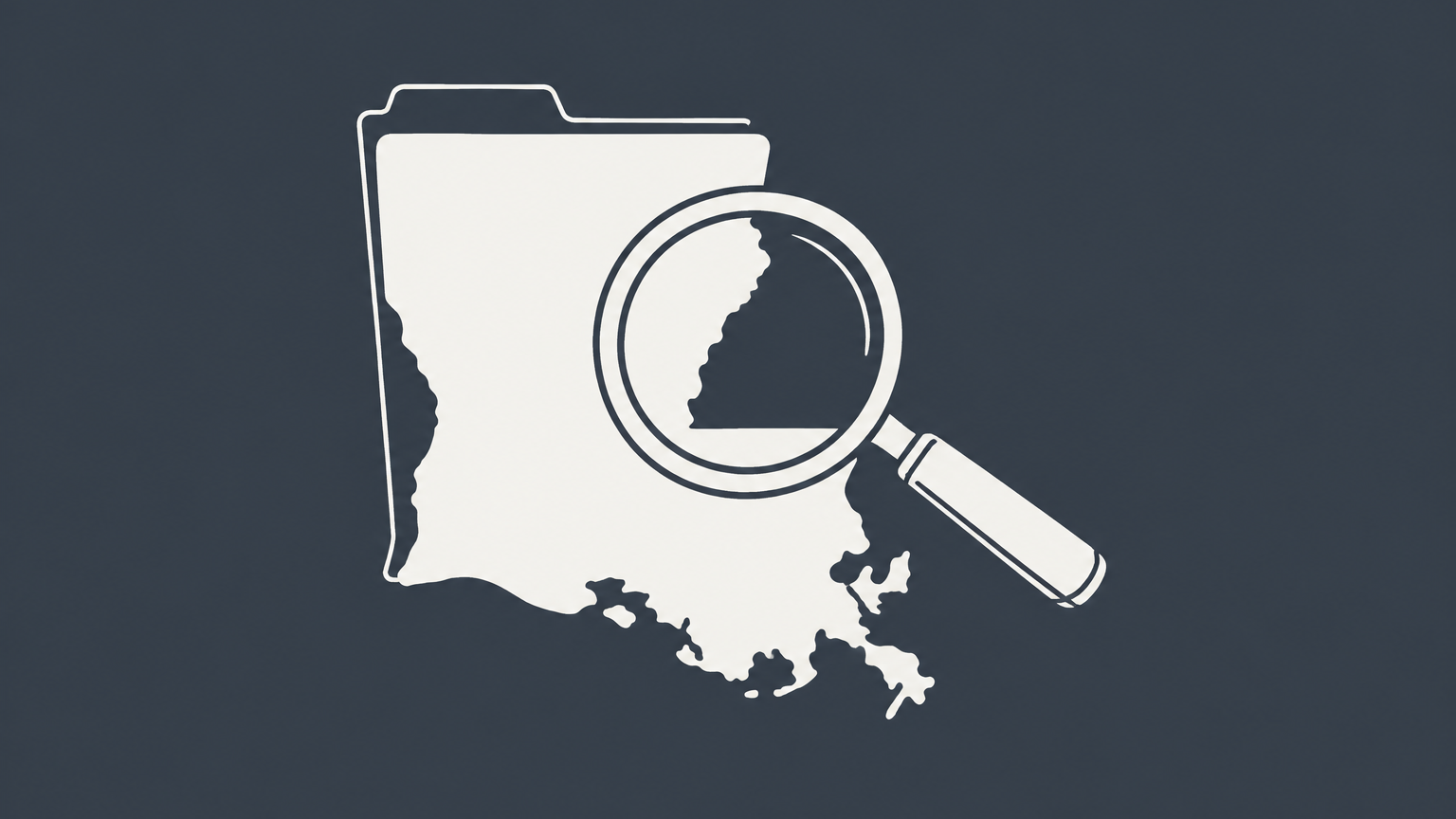 Flat illustration of a magnifying glass examining a Louisiana-shaped filing card for a Louisiana business entity search.