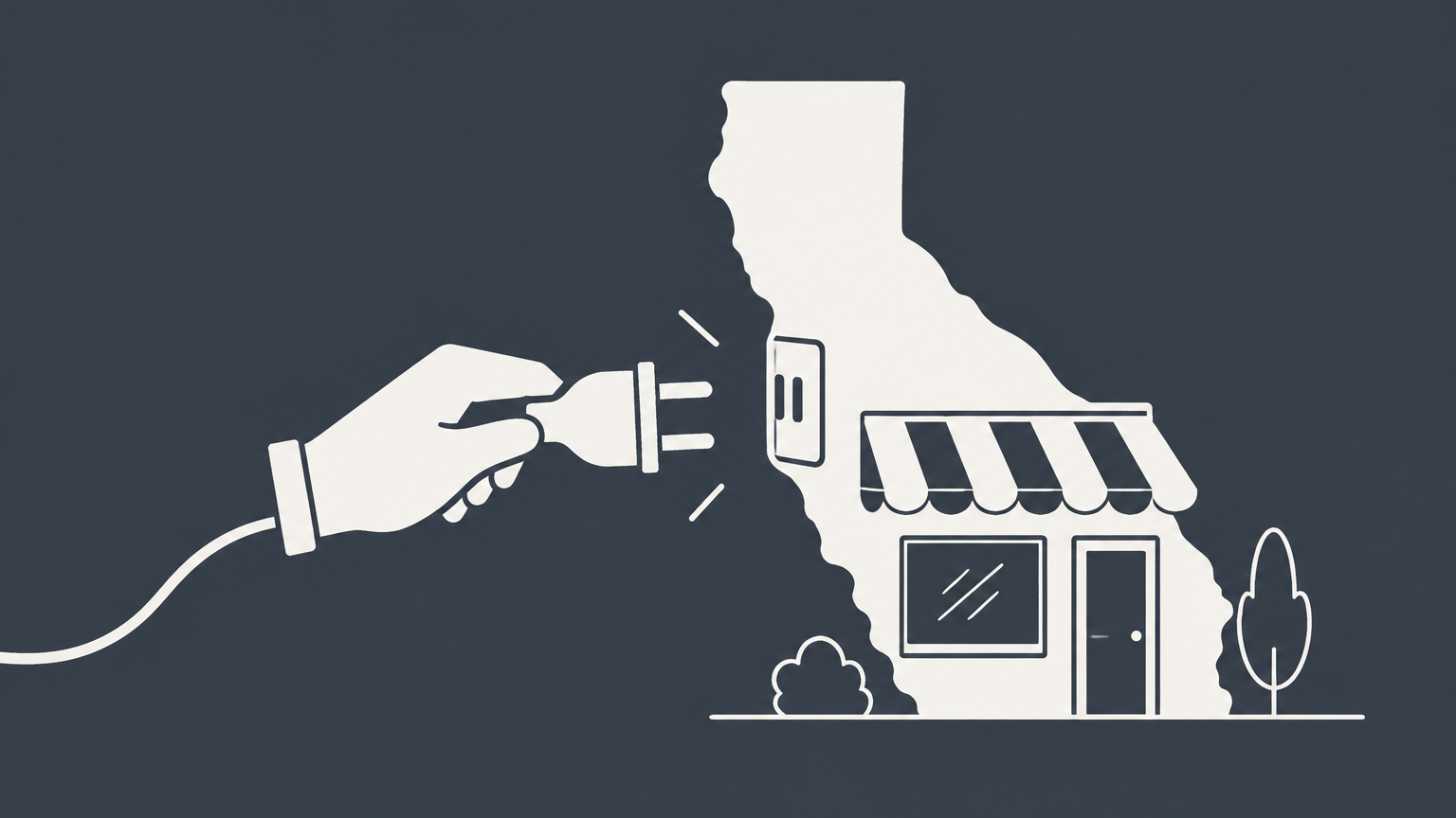 Flat illustration of a document reconnecting power to a California-shaped storefront to represent Form 3557 business revivor.