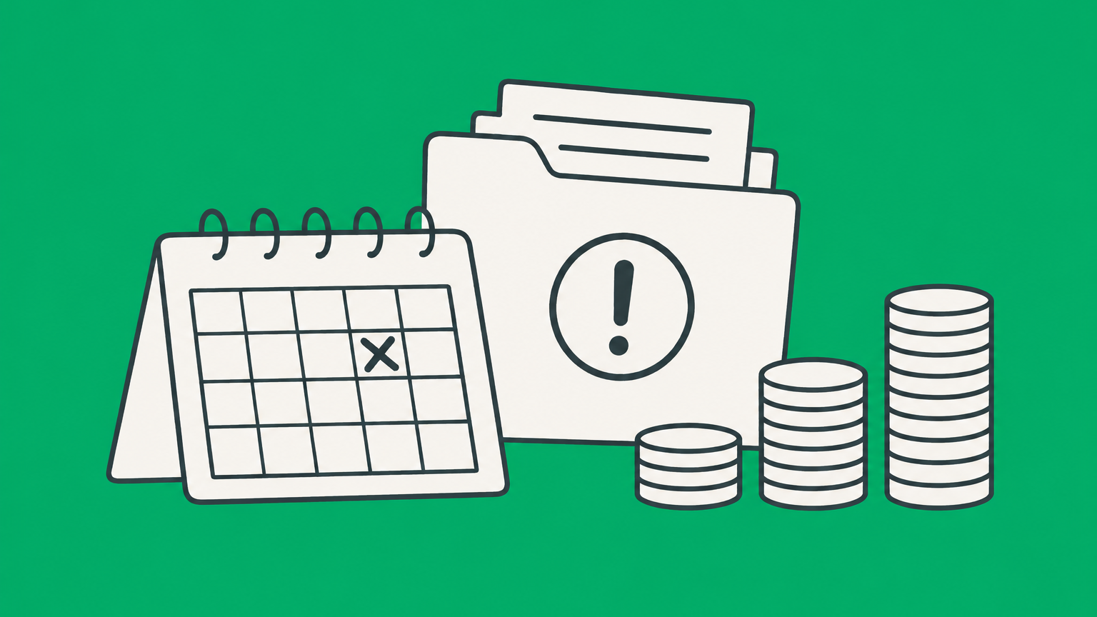 Flat illustration of an overdue calendar, tax folder, shareholder folders, and rising coins representing the S corp late filing penalty.