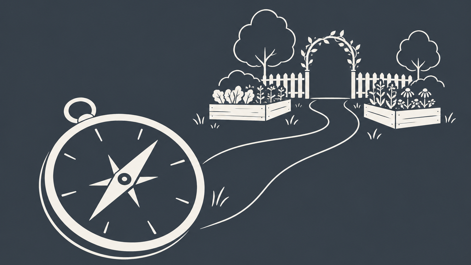 Flat illustration of a compass, converging paths, a community garden, and recirculating coins representing the purpose of a nonprofit organization.