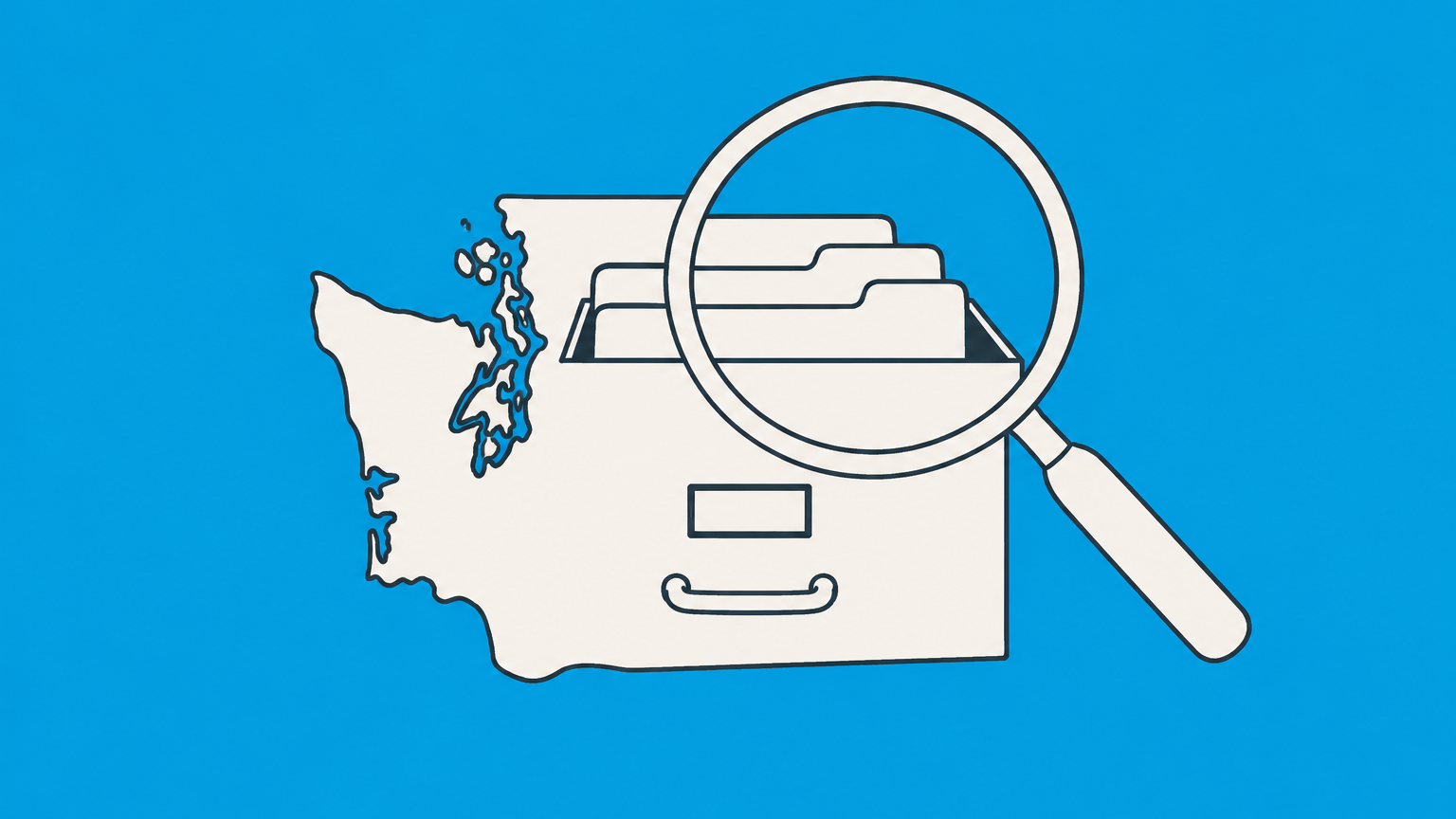 Flat illustration of a magnifying glass examining corporate record folders for a Washington corporation search.