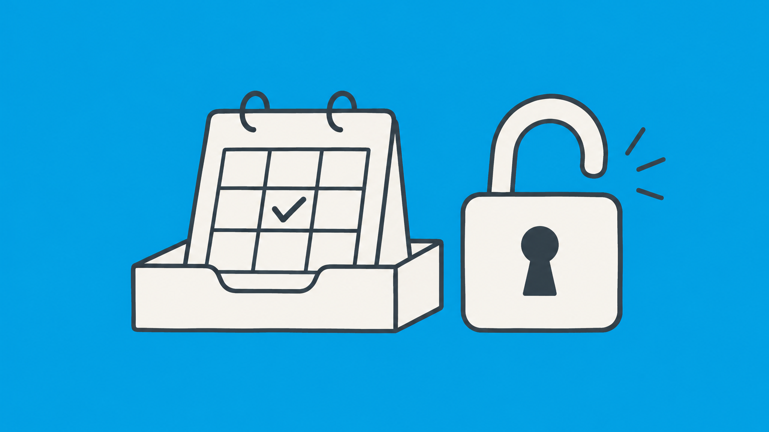 Flat illustration of a checked calendar card, booking tray, partially open padlock, and payment card representing what a reservation confirmed status does and does not guarantee.
