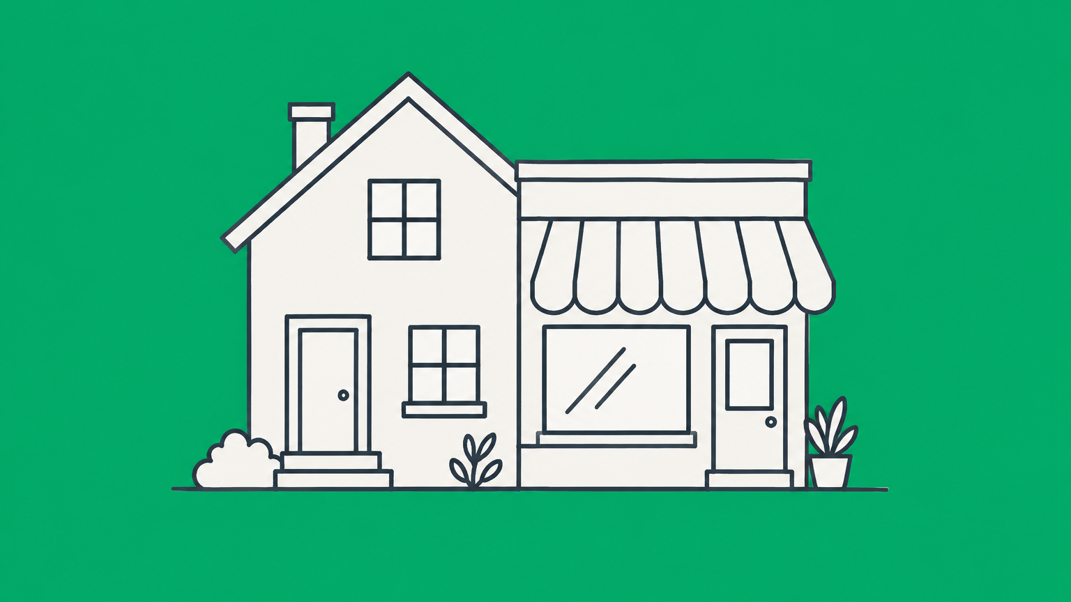 Flat illustration of a building divided between a home and storefront with a permit folder and key, representing residential property used for commercial purposes.