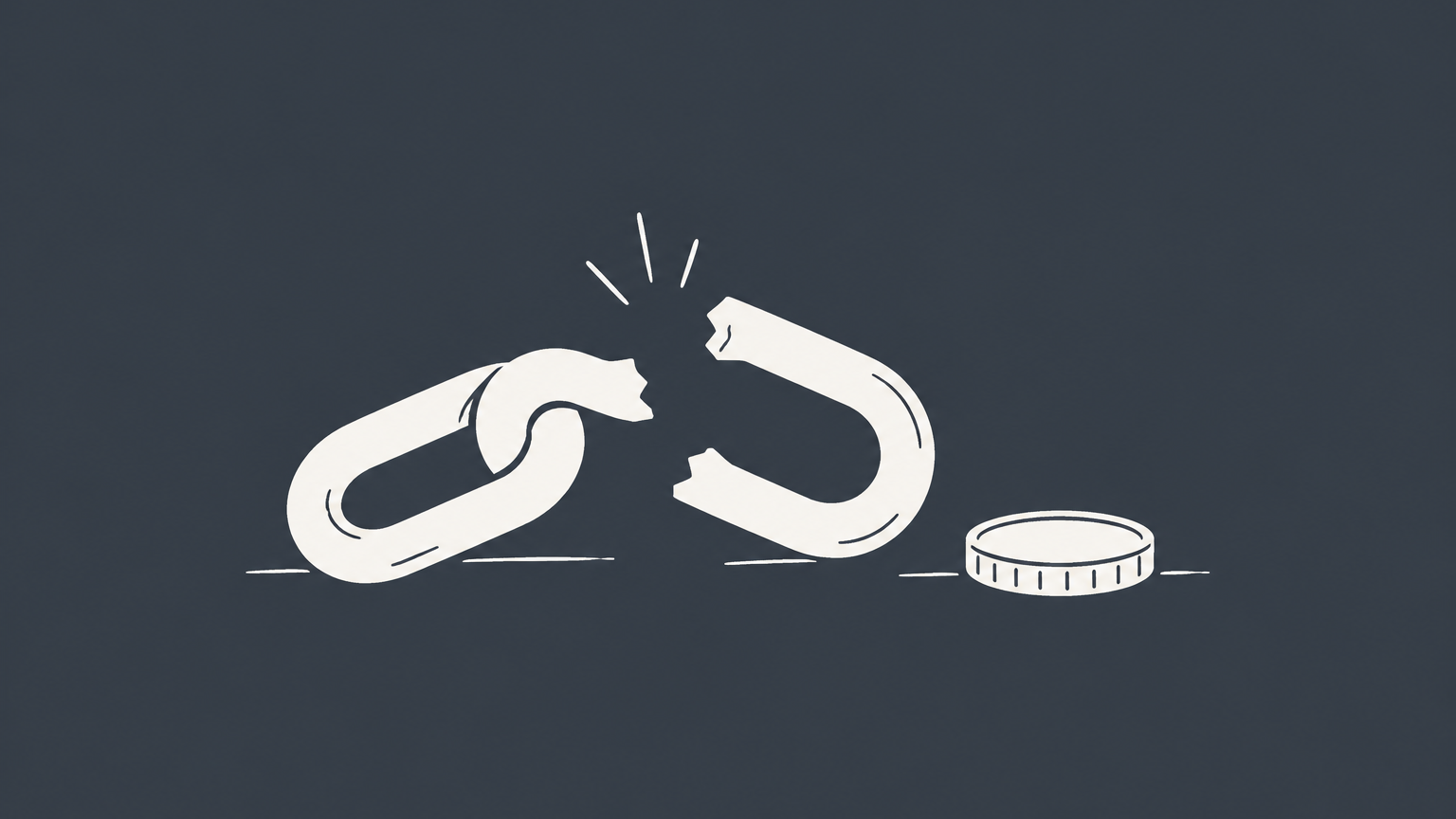 Flat illustration of a snapped chain link beside a single coin representing nominal damages for a proven legal wrong without measurable loss.