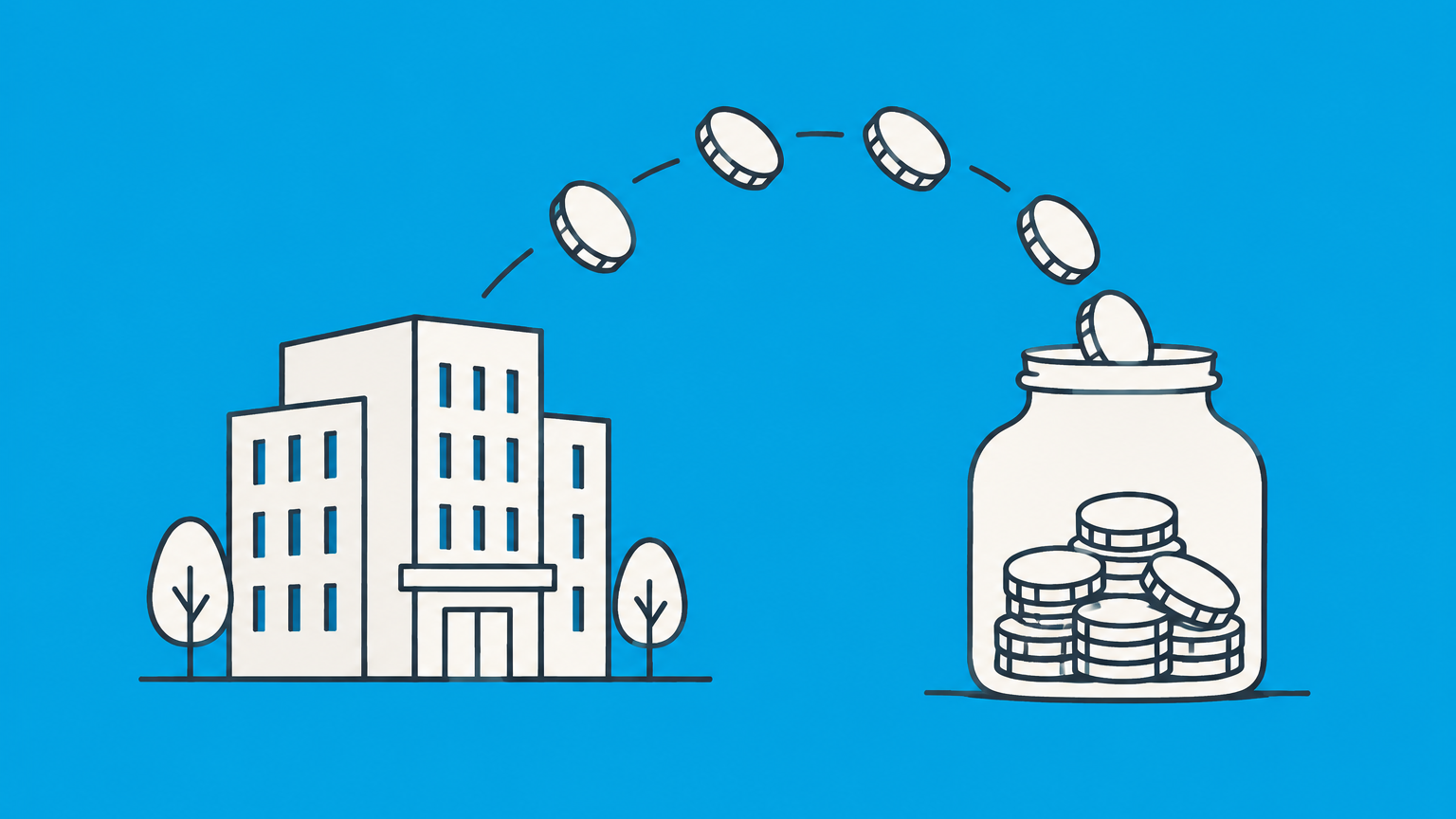 Flat illustration of an S corporation dividing employer-funded coins among retirement jars to represent SEP IRA contributions.