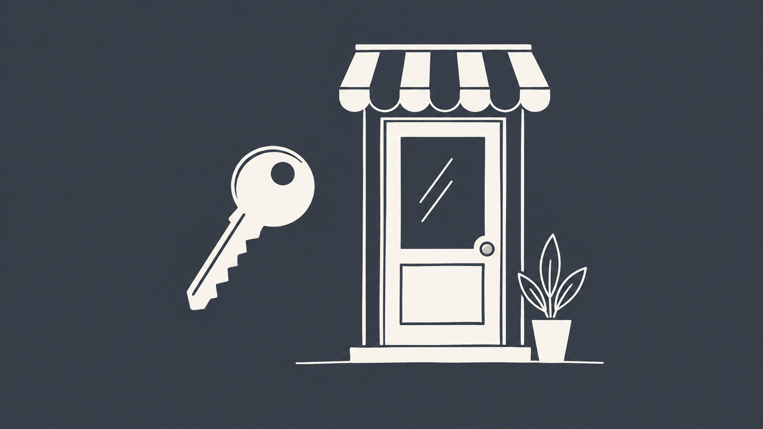 Flat illustration of one key opening a single storefront beside two interlocking doors representing sole proprietorship ownership and multi-owner alternatives.