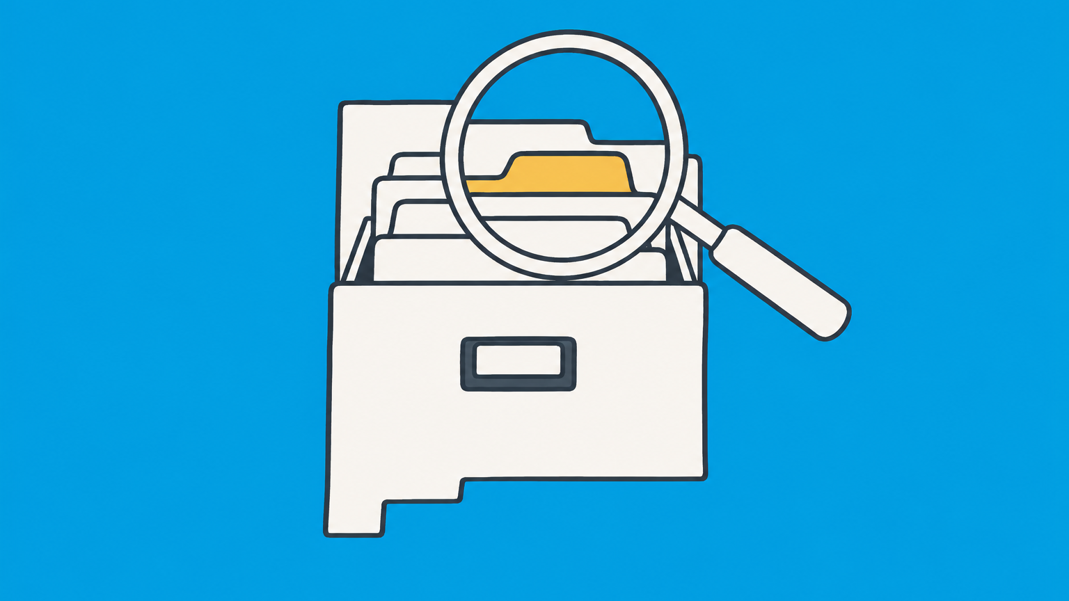 Flat illustration of a magnifying glass over a New Mexico-shaped filing drawer for a New Mexico Secretary of State business search.