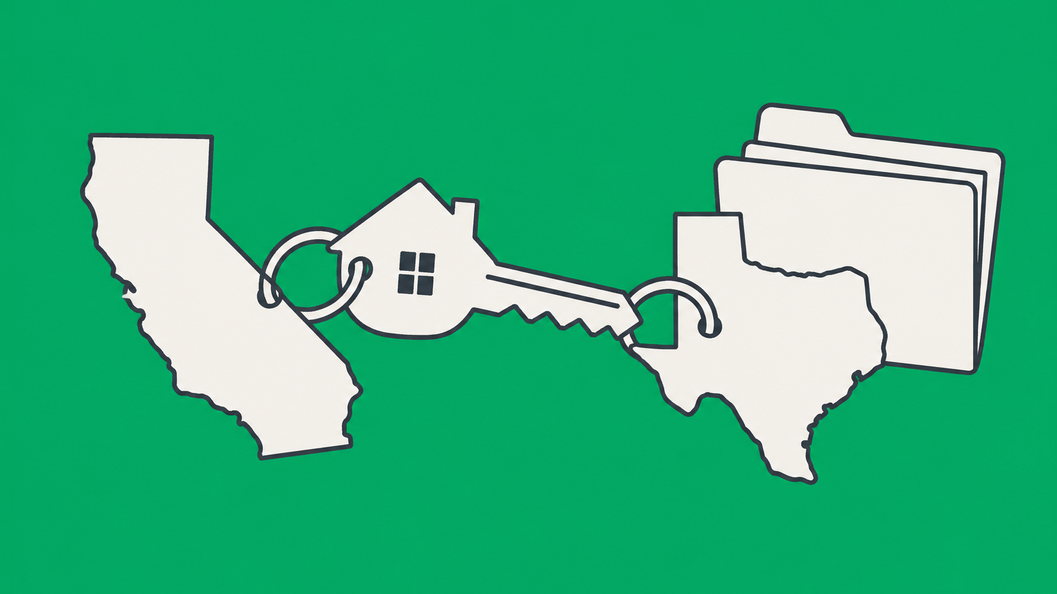 Flat illustration of a rental-house key bridging two state-shaped map tiles beside an unmarked filing folder, representing an LLC for rental property in another state.