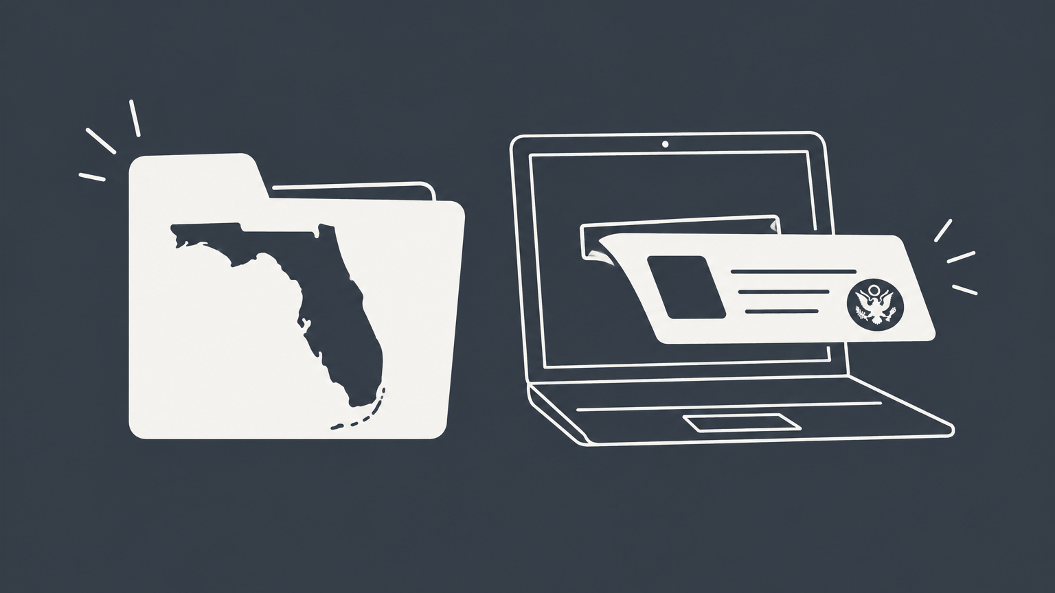 Flat illustration of a Florida-shaped business folder beside a laptop dispensing an identification card for getting an EIN in Florida.
