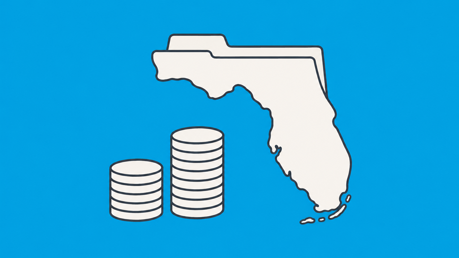 Flat illustration of a Florida-shaped business folder, calendar, and recurring coin stacks representing the Florida LLC annual report fee.