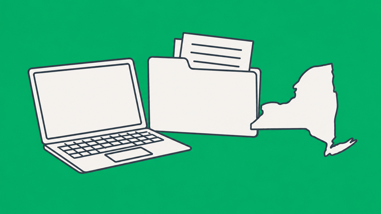 Flat illustration of a laptop routing documents to state, county, tax, and permit destinations for online New York business registration.