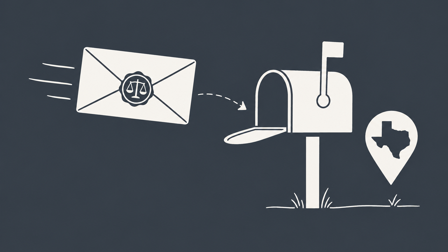Flat illustration of a legal envelope reaching a fixed Texas street address with three registered-agent options for an LLC.