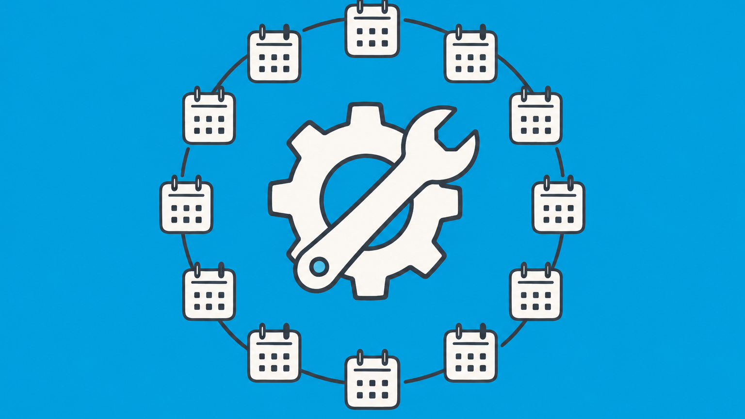 Flat illustration of a calendar ring, maintenance tools, and a shield protecting equipment to represent an annual maintenance contract.