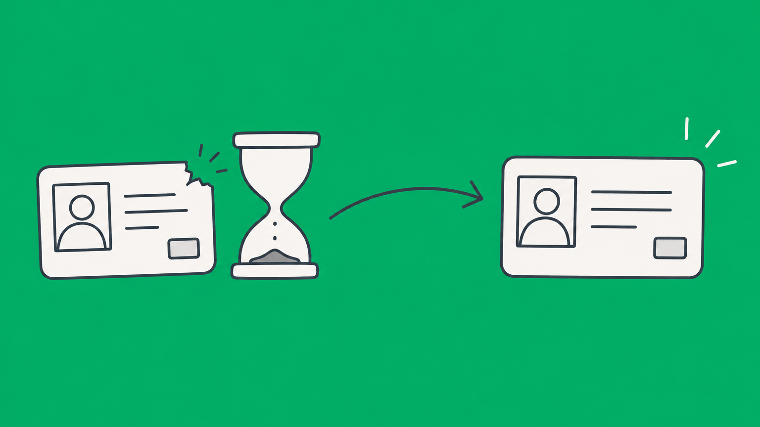 Flat illustration of a residence card, hourglass, and replacement card representing the CR6 green card and removal of conditions.