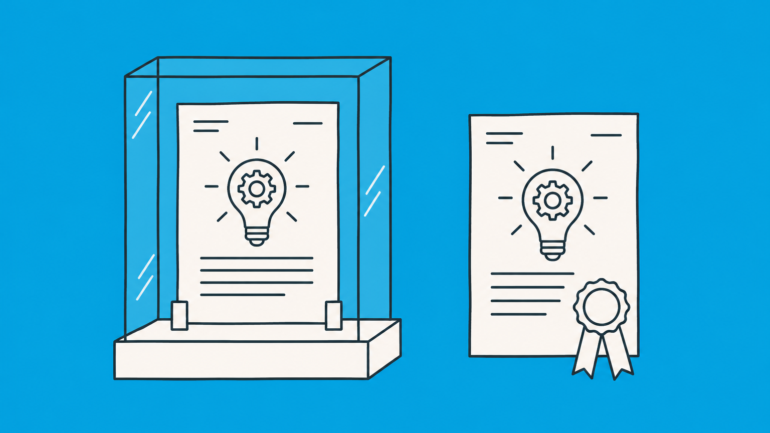 Flat illustration of two invention documents moving through public display and approval stages to represent patent publication versus patent grant.
